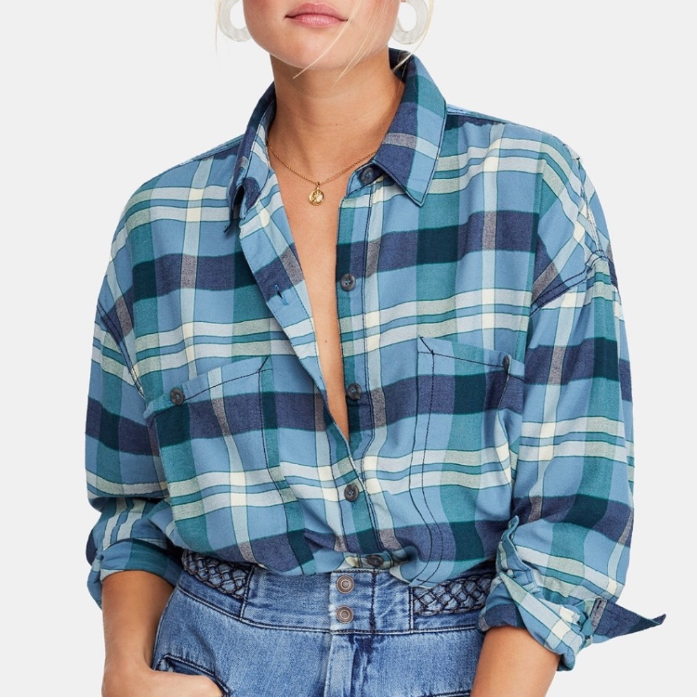 Free People Loveland Plaid Button Up Top